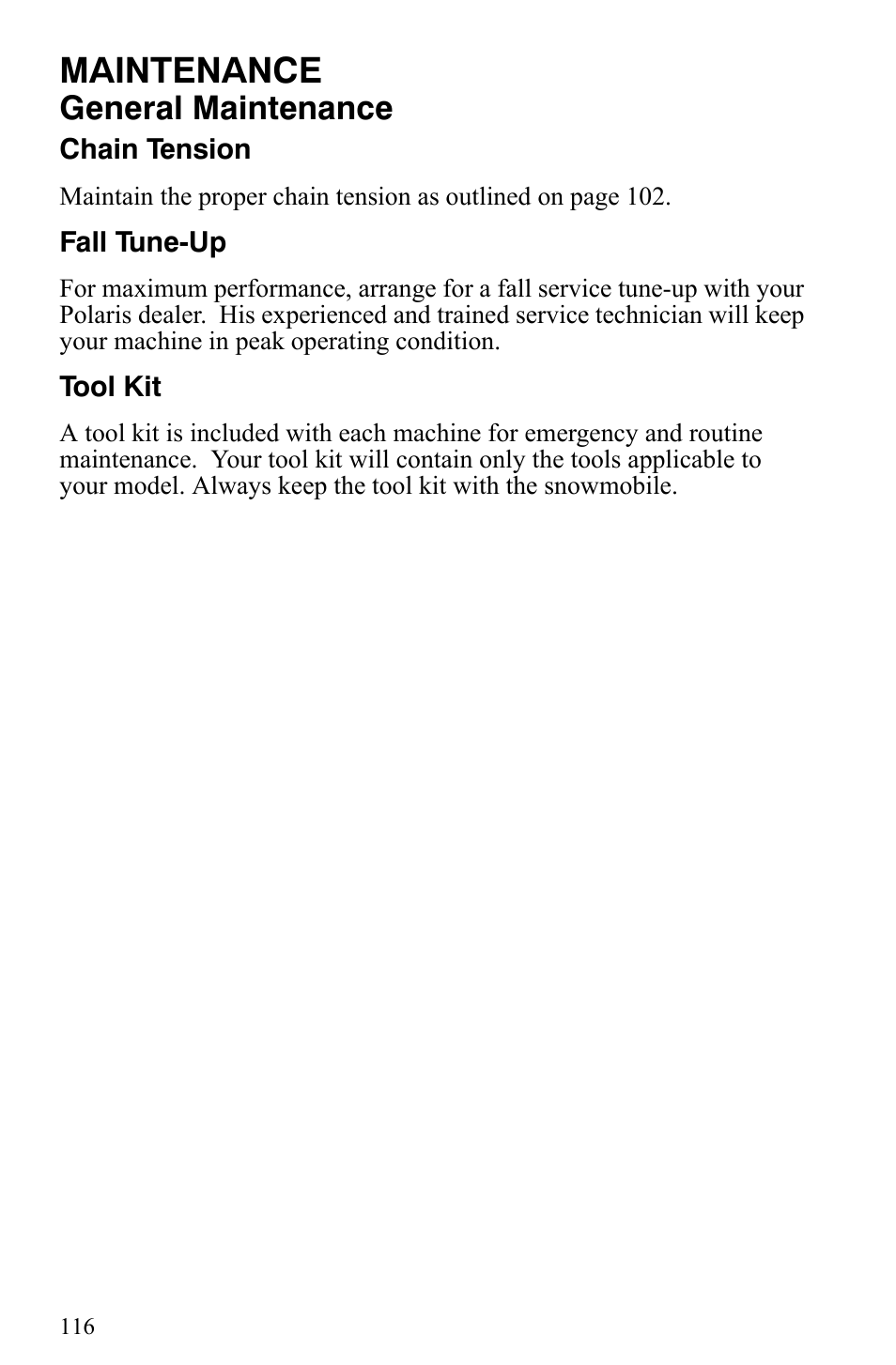 Maintenance, General maintenance | Polaris Indy 340 Touring User Manual | Page 119 / 159