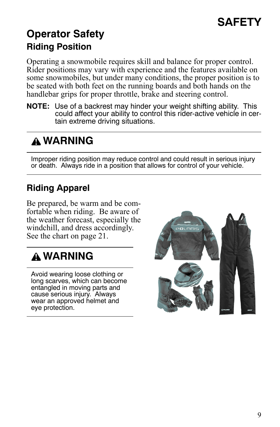 Safety, Operator safety, Warning | Polaris Indy 340 Touring User Manual | Page 12 / 159