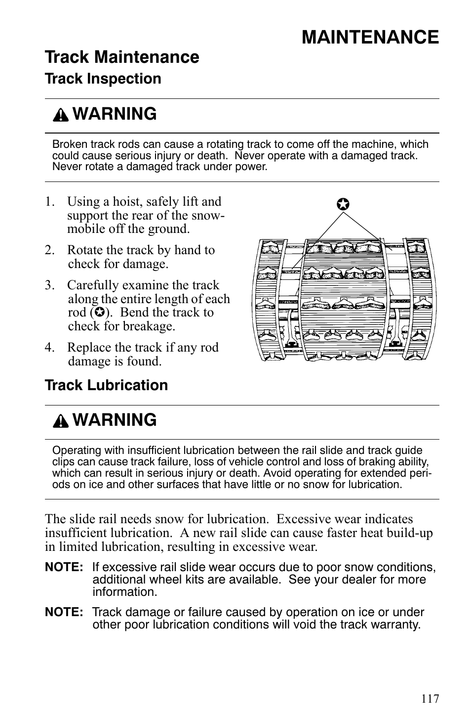 Maintenance, Track maintenance, Warning | Polaris Indy 340 Touring User Manual | Page 120 / 159