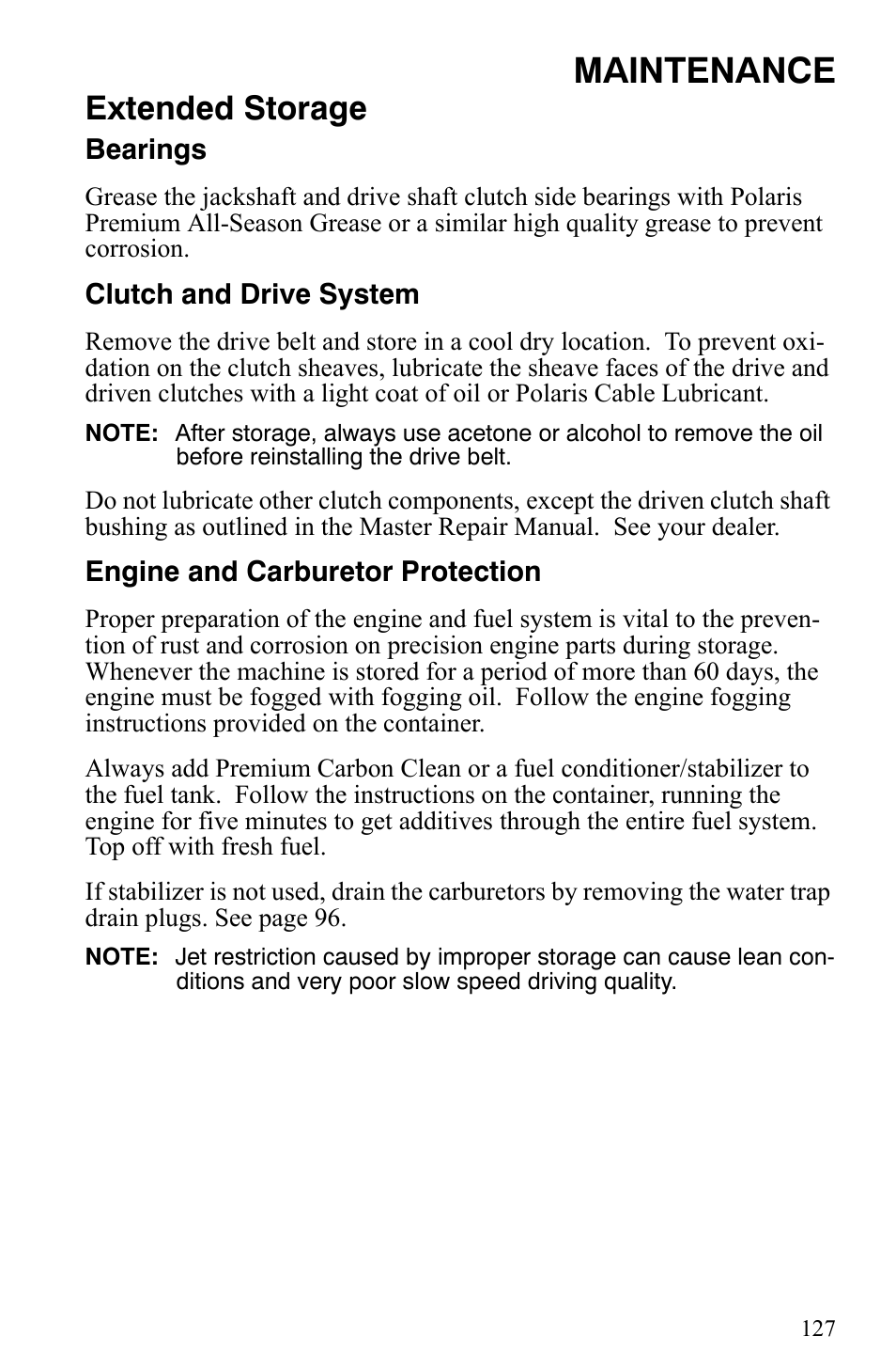 Maintenance, Extended storage | Polaris Indy 340 Touring User Manual | Page 130 / 159