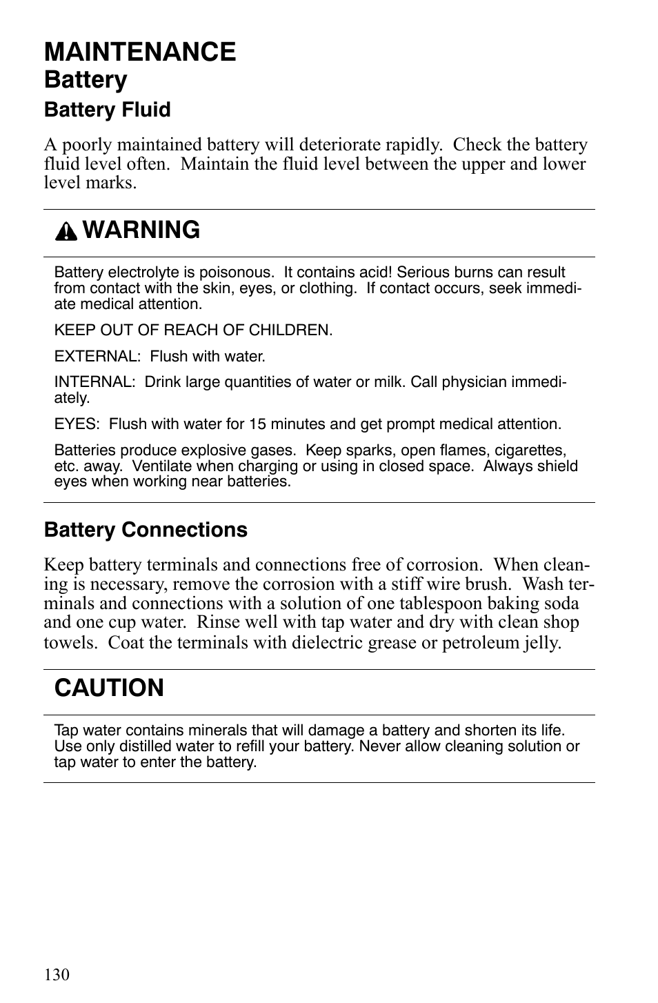 Maintenance, Battery, Warning | Caution | Polaris Indy 340 Touring User Manual | Page 133 / 159