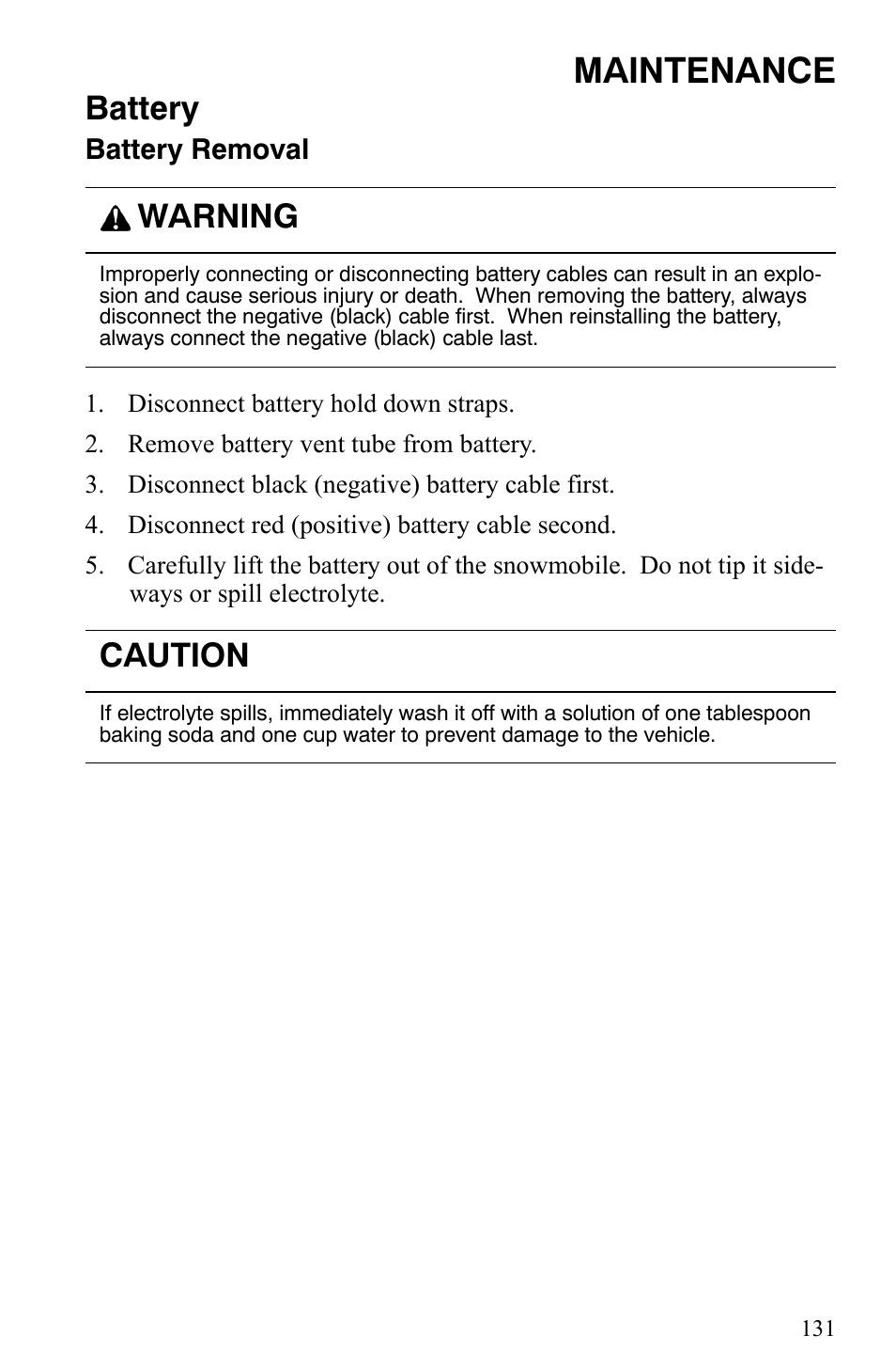 Maintenance, Battery, Warning | Caution | Polaris Indy 340 Touring User Manual | Page 134 / 159