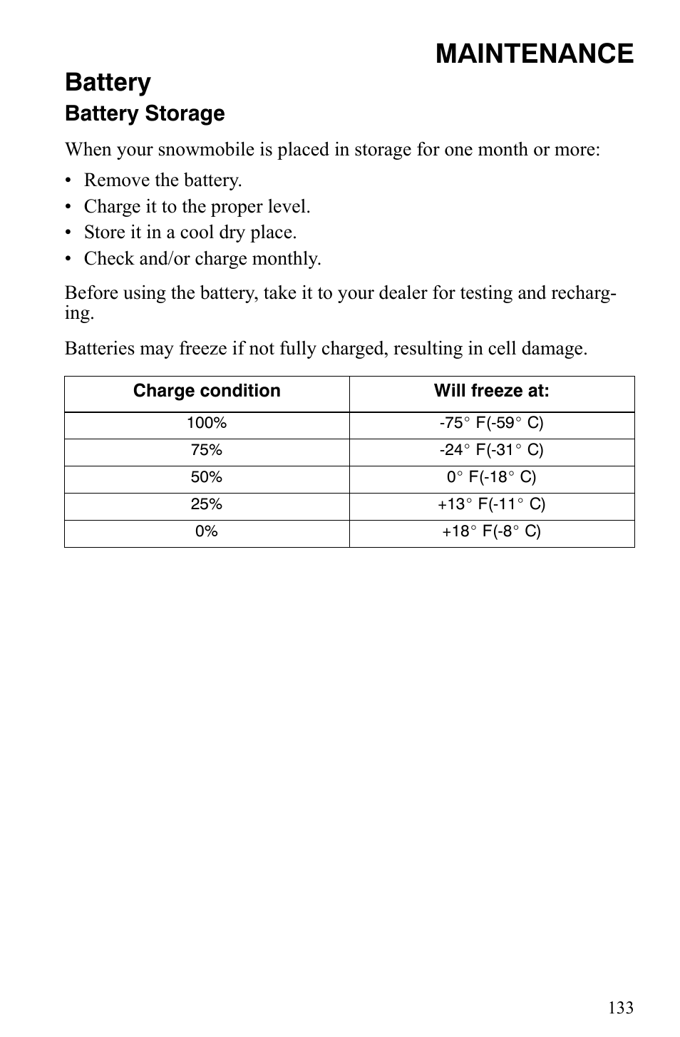 Maintenance, Battery, Battery storage | Polaris Indy 340 Touring User Manual | Page 136 / 159