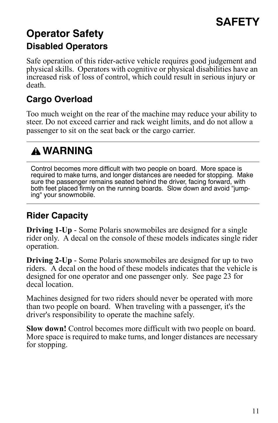 Safety, Operator safety, Warning | Polaris Indy 340 Touring User Manual | Page 14 / 159