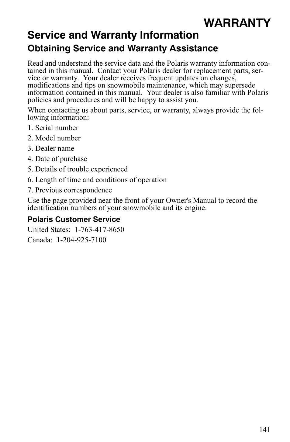 Warranty, Service and warranty information | Polaris Indy 340 Touring User Manual | Page 144 / 159