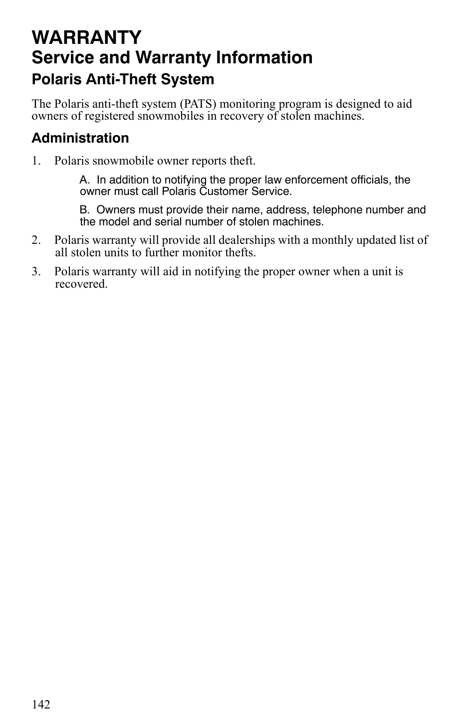 Warranty, Service and warranty information, Polaris anti-theft system | Polaris Indy 340 Touring User Manual | Page 145 / 159