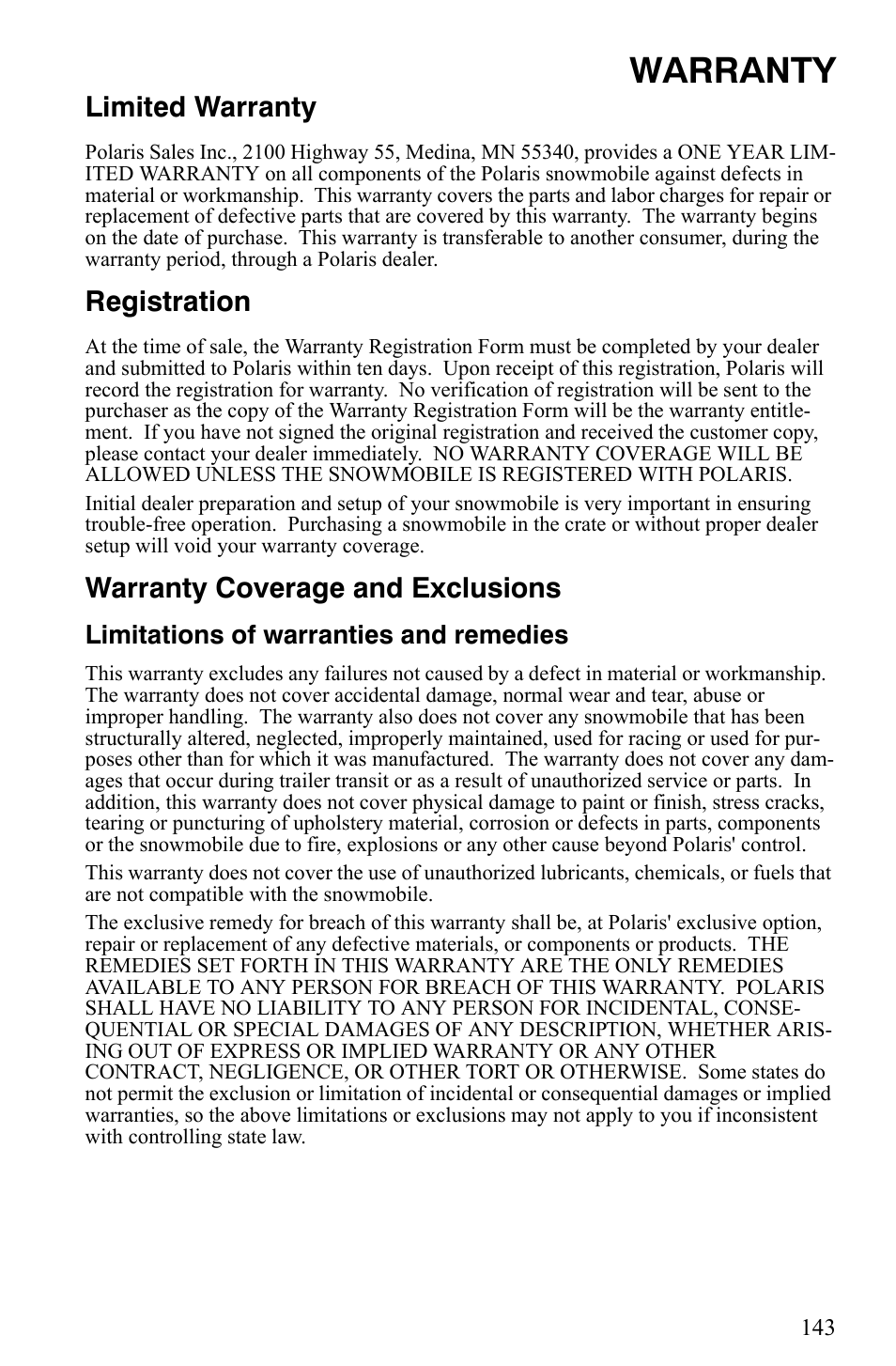 Warranty, Limited warranty, Registration | Warranty coverage and exclusions, Limitations of warranties and remedies | Polaris Indy 340 Touring User Manual | Page 146 / 159