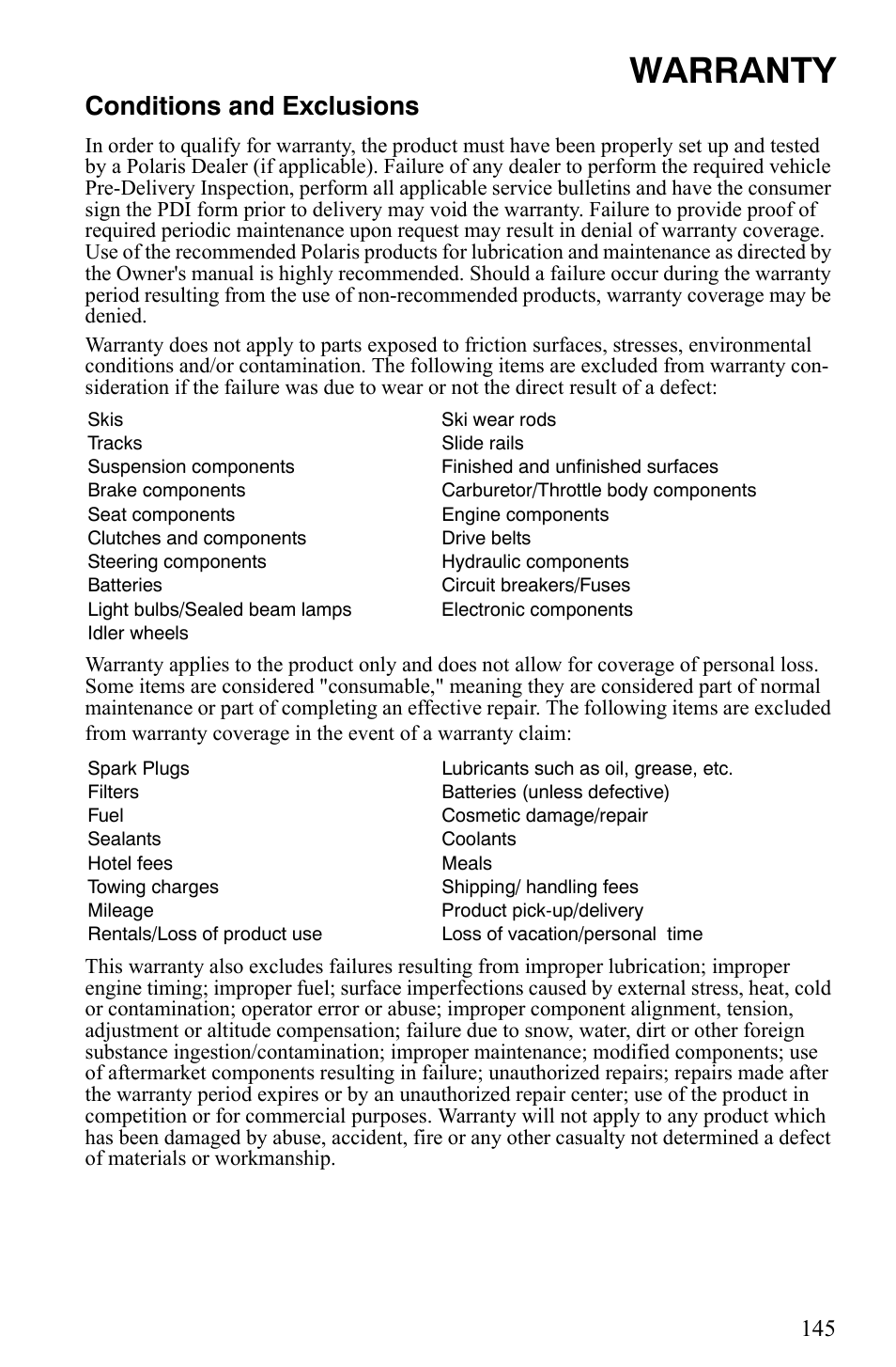 Warranty, Conditions and exclusions | Polaris Indy 340 Touring User Manual | Page 148 / 159