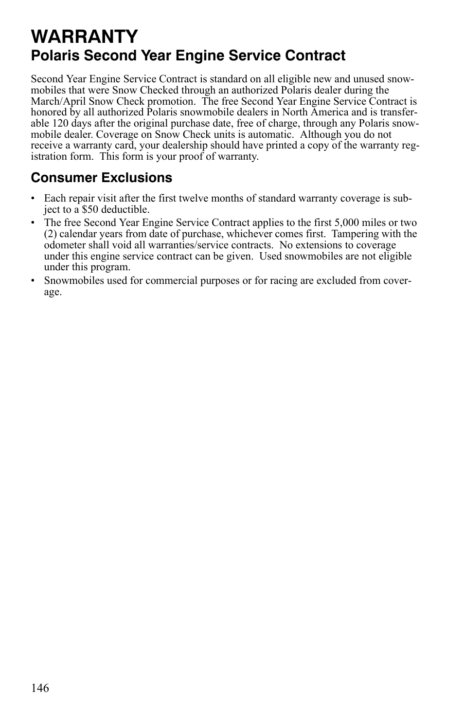 Warranty, Polaris second year engine service contract, Consumer exclusions | Polaris Indy 340 Touring User Manual | Page 149 / 159