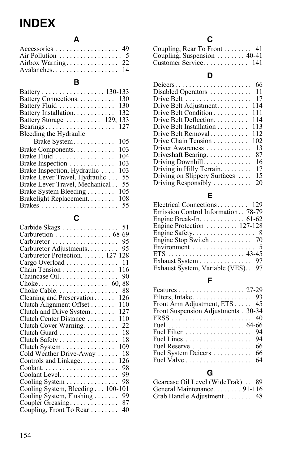 Index | Polaris Indy 340 Touring User Manual | Page 157 / 159