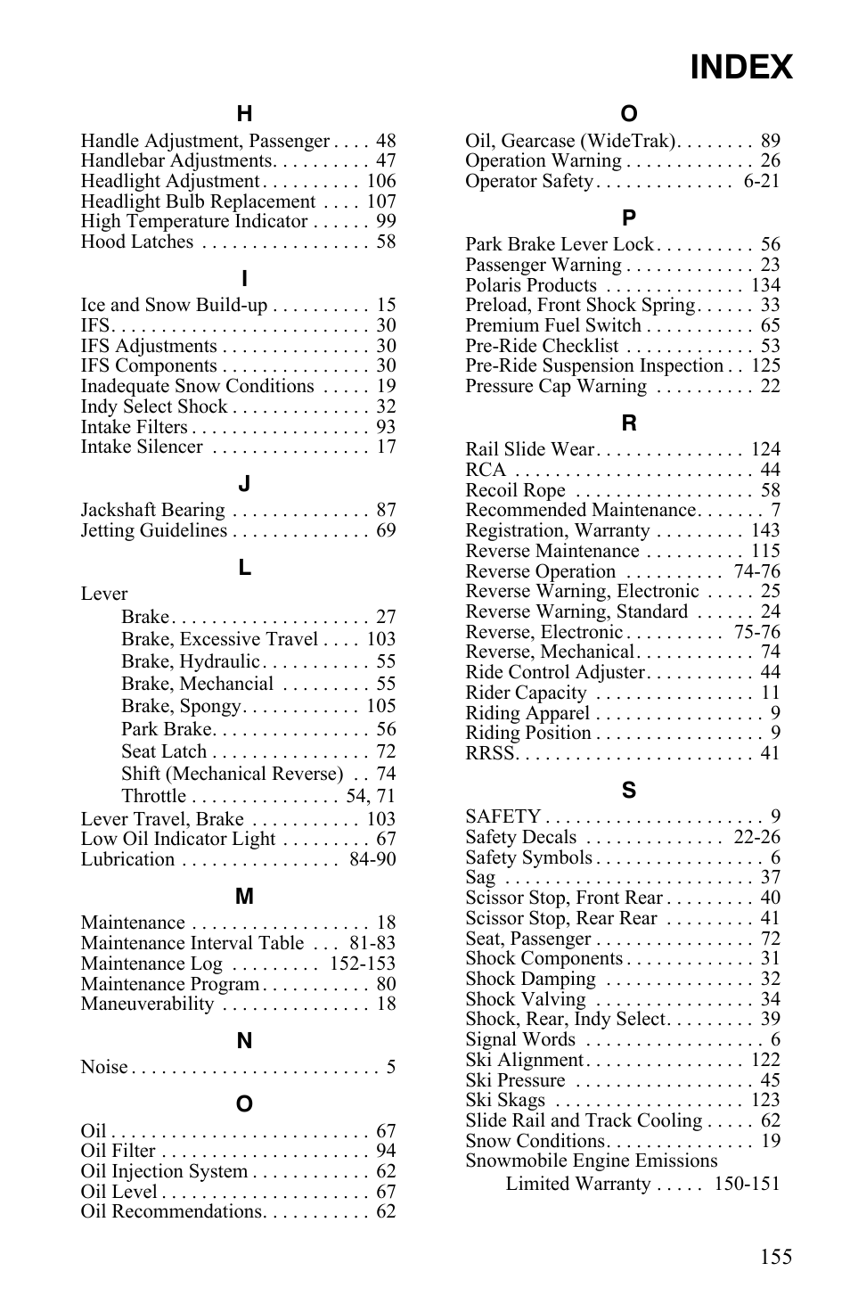 Index | Polaris Indy 340 Touring User Manual | Page 158 / 159