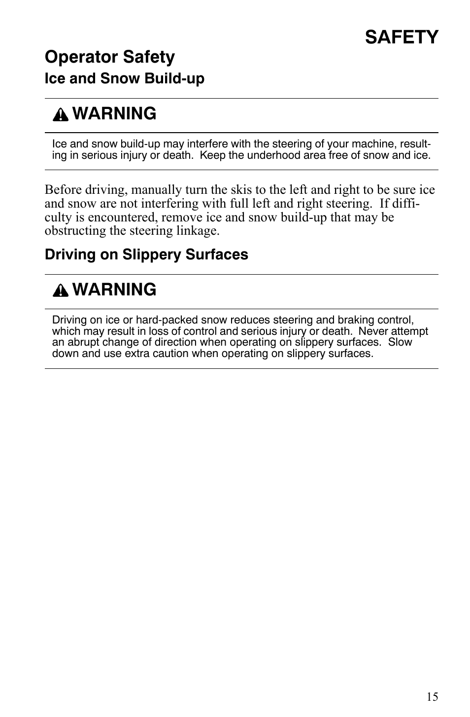 Safety, Operator safety, Warning | Polaris Indy 340 Touring User Manual | Page 18 / 159