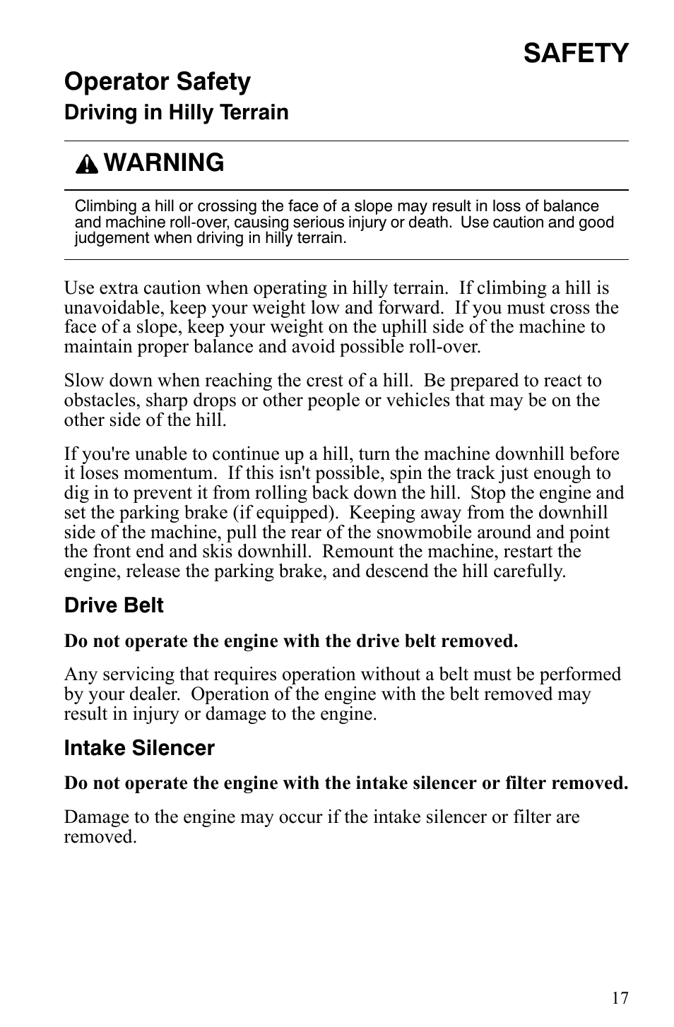 Safety, Operator safety, Warning | Polaris Indy 340 Touring User Manual | Page 20 / 159