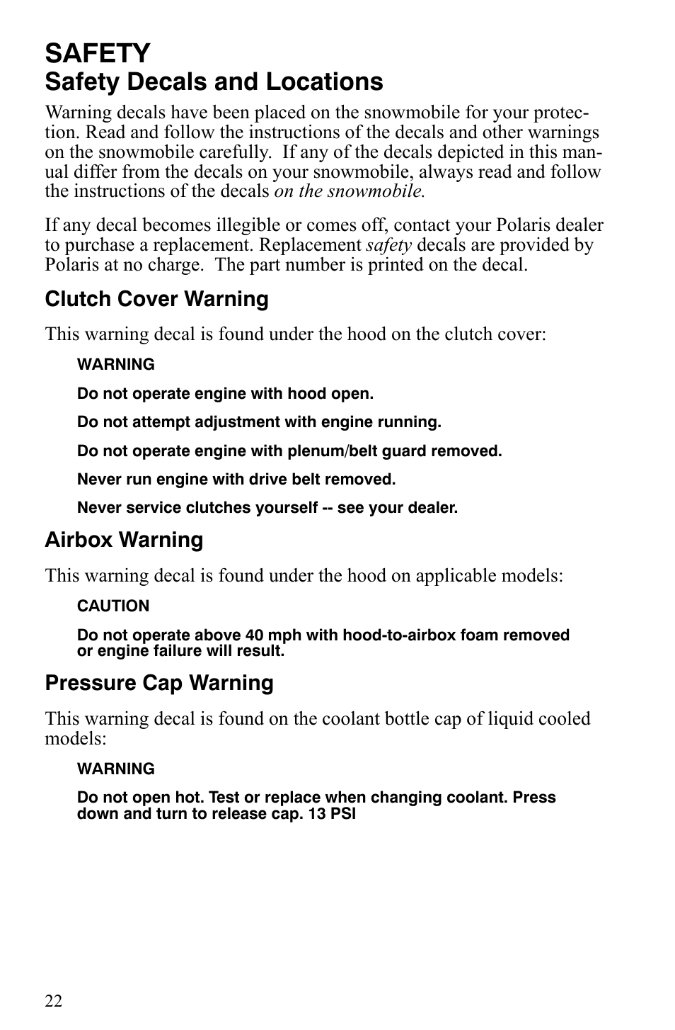 Safety, Safety decals and locations | Polaris Indy 340 Touring User Manual | Page 25 / 159