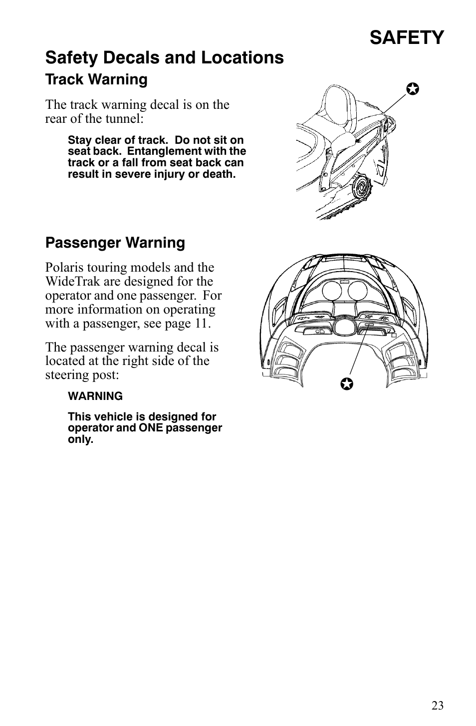 Safety, Safety decals and locations | Polaris Indy 340 Touring User Manual | Page 26 / 159