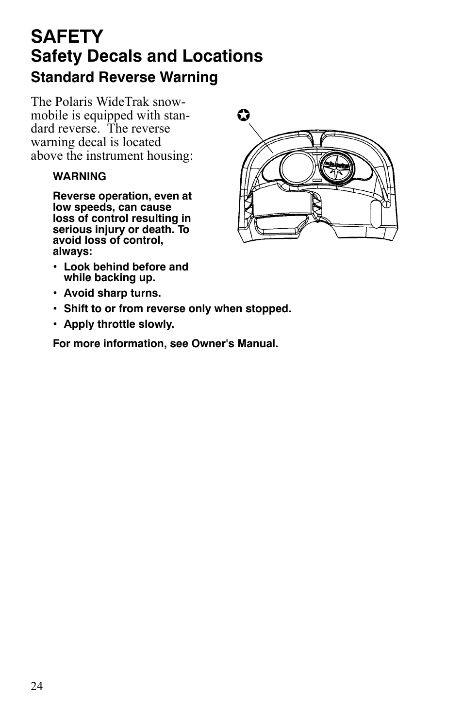 Safety, Safety decals and locations, Standard reverse warning | Polaris Indy 340 Touring User Manual | Page 27 / 159