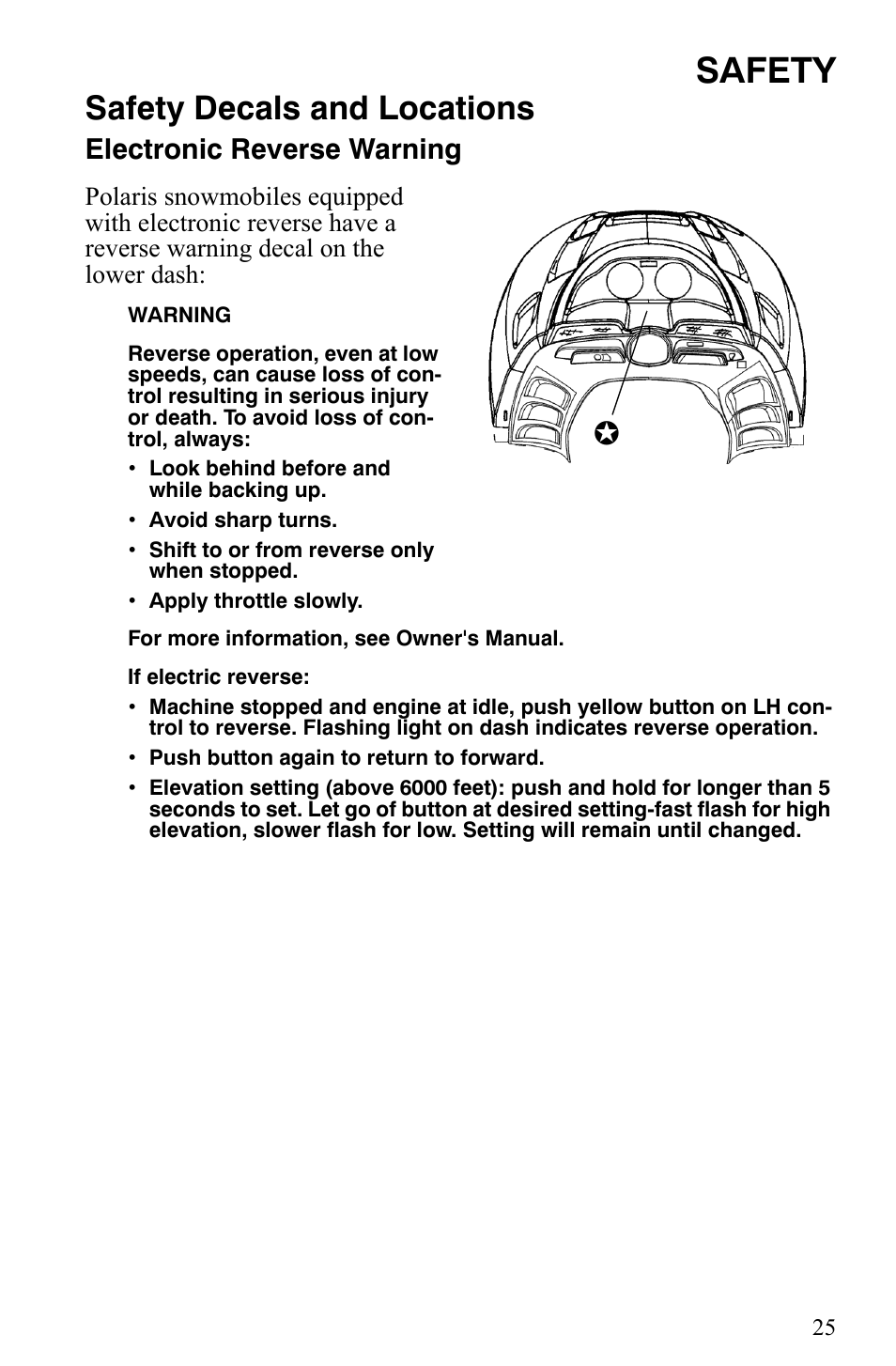 Safety, Safety decals and locations, Electronic reverse warning | Polaris Indy 340 Touring User Manual | Page 28 / 159