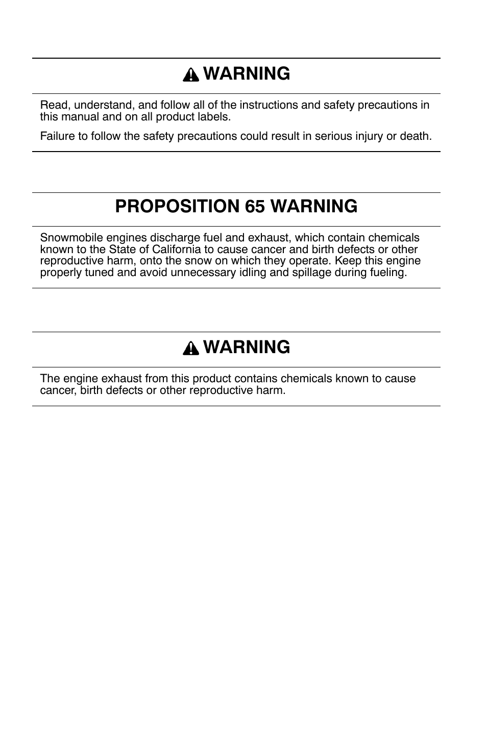 Warning, Proposition 65 warning | Polaris Indy 340 Touring User Manual | Page 3 / 159