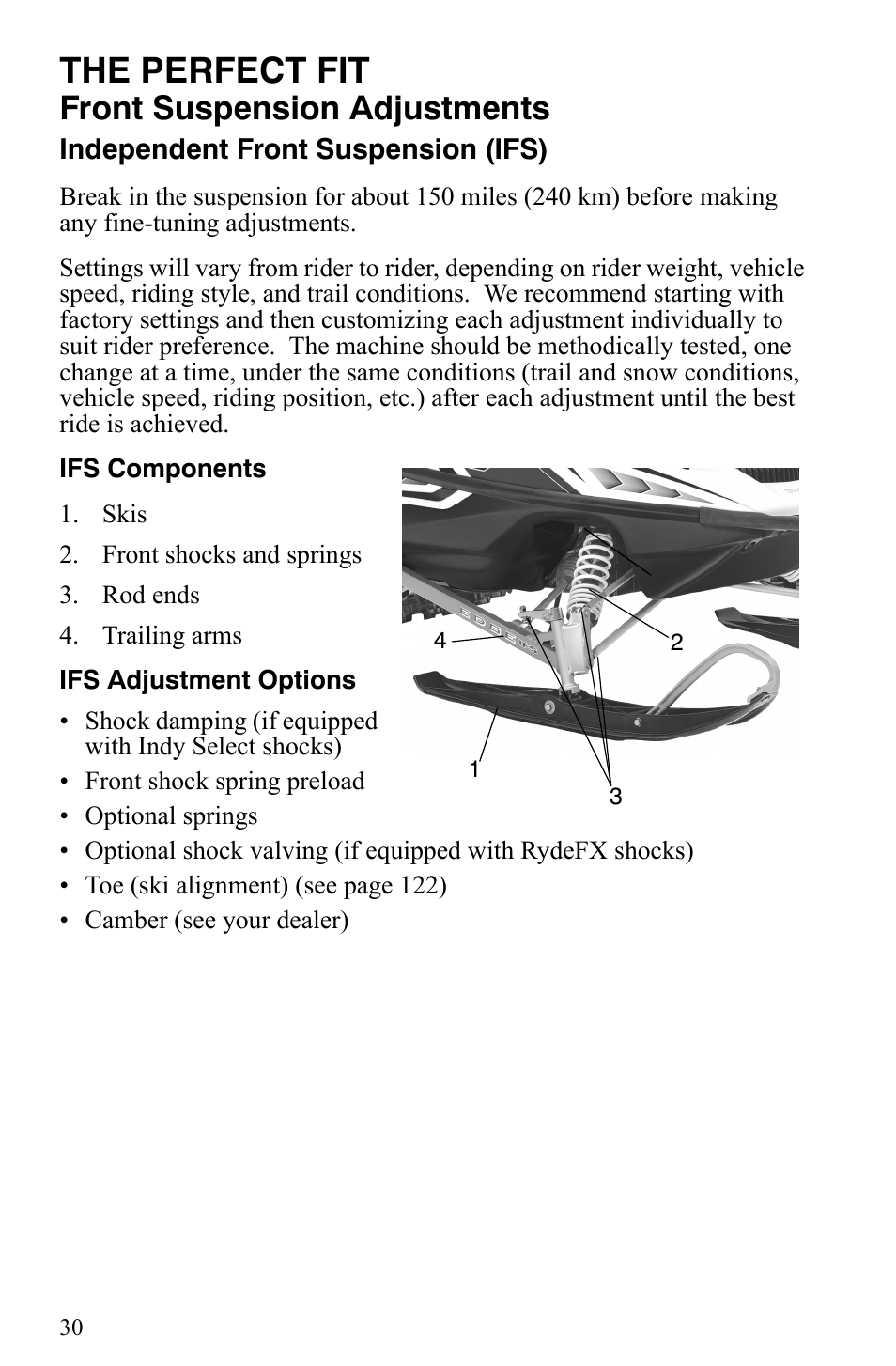 The perfect fit, Front suspension adjustments | Polaris Indy 340 Touring User Manual | Page 33 / 159