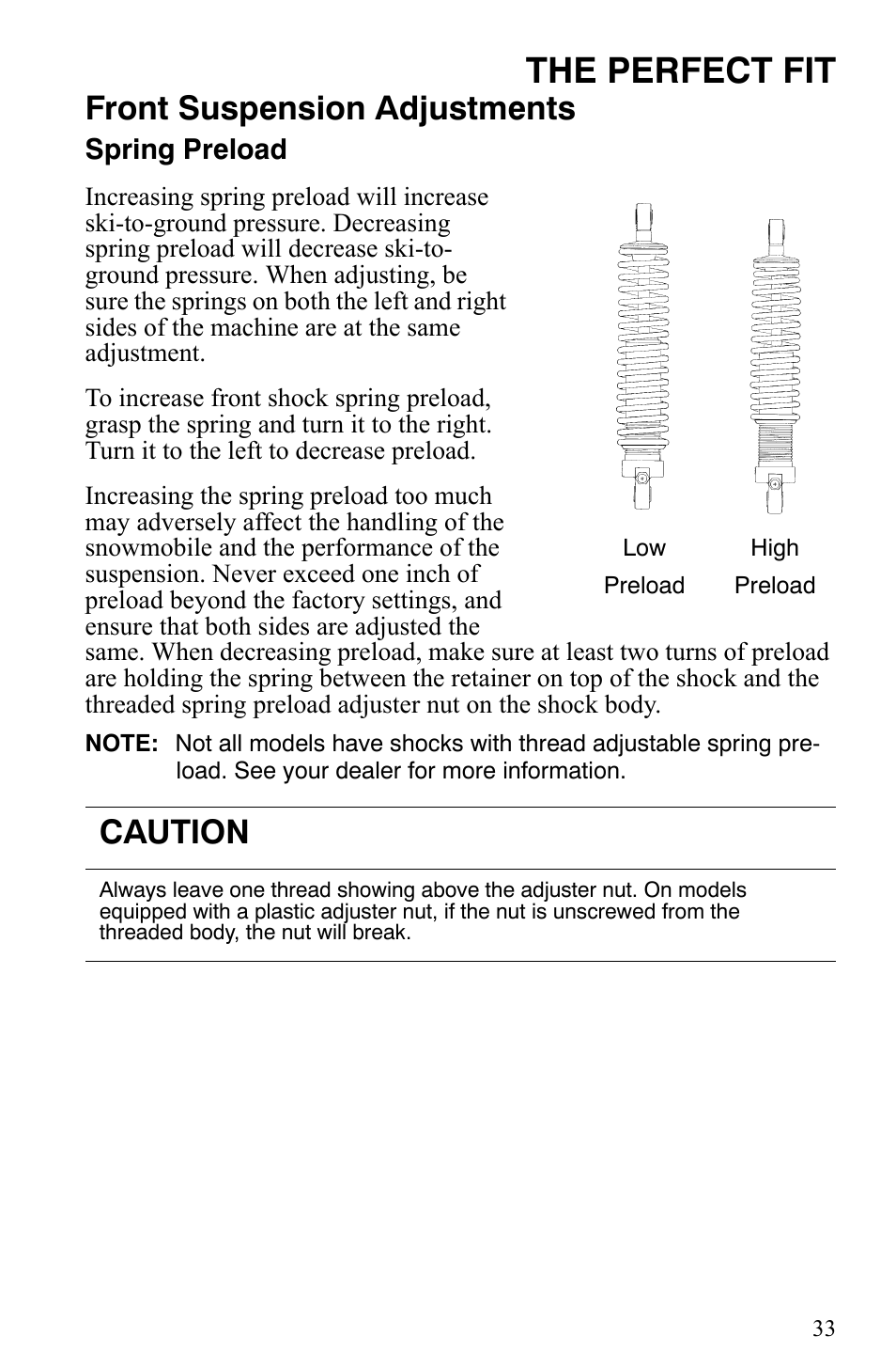 The perfect fit, Front suspension adjustments, Caution | Polaris Indy 340 Touring User Manual | Page 36 / 159