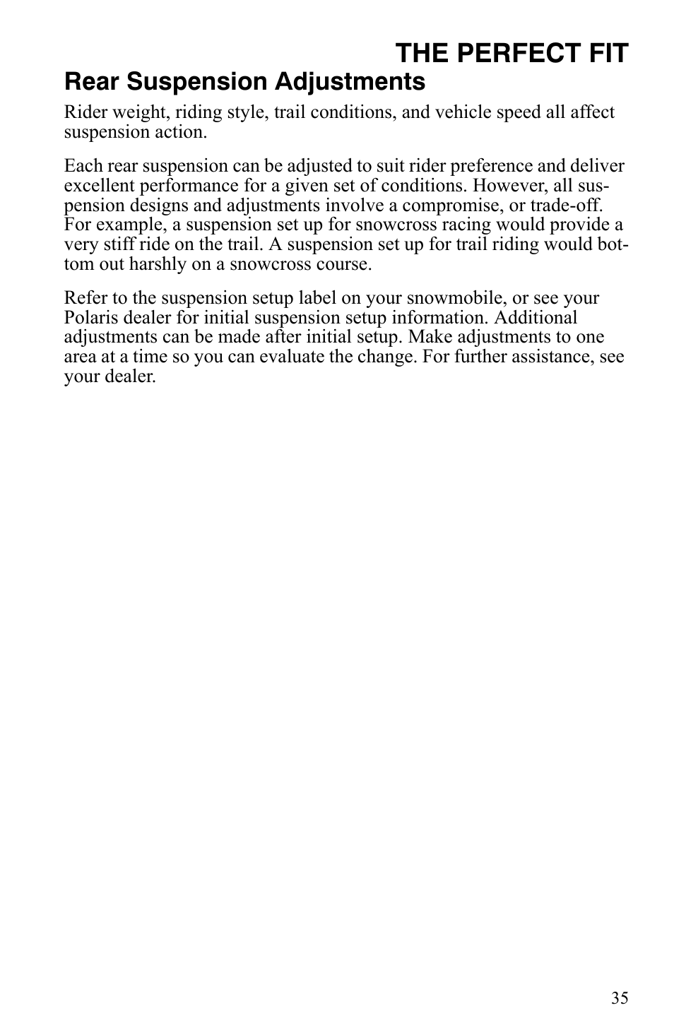 The perfect fit, Rear suspension adjustments | Polaris Indy 340 Touring User Manual | Page 38 / 159