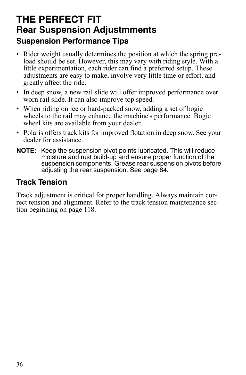 The perfect fit, Rear suspension adjustmments | Polaris Indy 340 Touring User Manual | Page 39 / 159