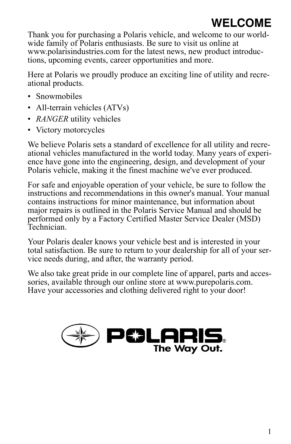 Welcome | Polaris Indy 340 Touring User Manual | Page 4 / 159