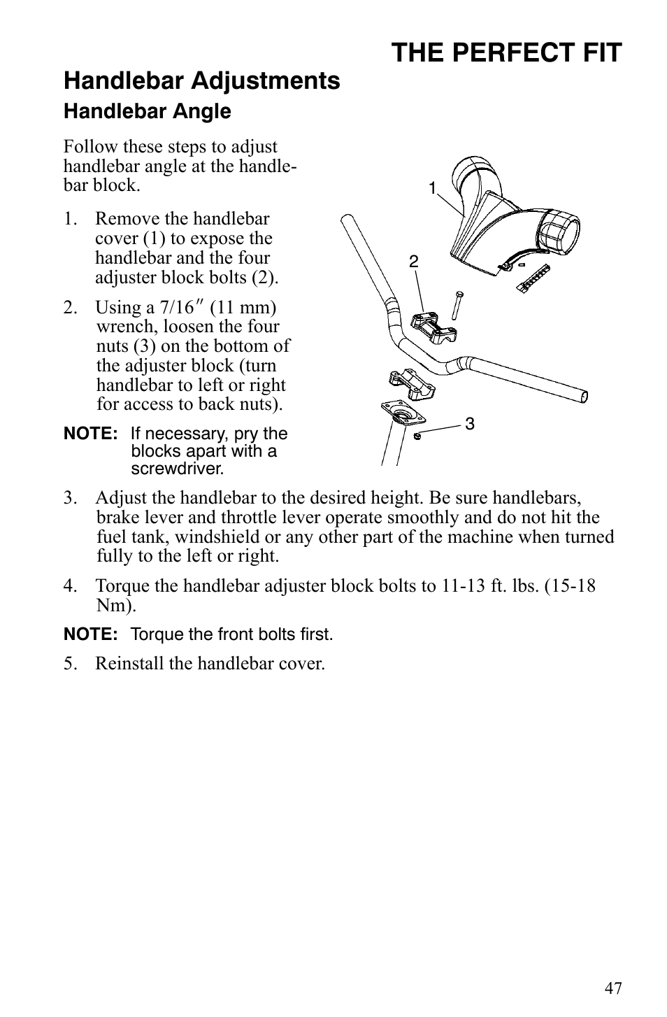 The perfect fit, Handlebar adjustments | Polaris Indy 340 Touring User Manual | Page 50 / 159