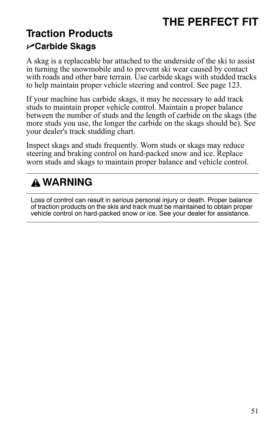 The perfect fit, Traction products, Warning | Polaris Indy 340 Touring User Manual | Page 54 / 159