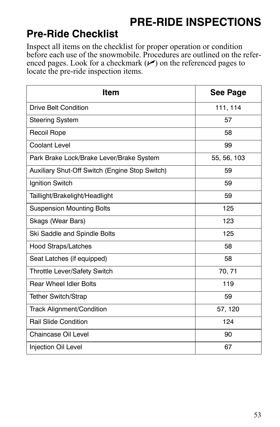 Pre-ride inspections, Pre-ride checklist | Polaris Indy 340 Touring User Manual | Page 56 / 159