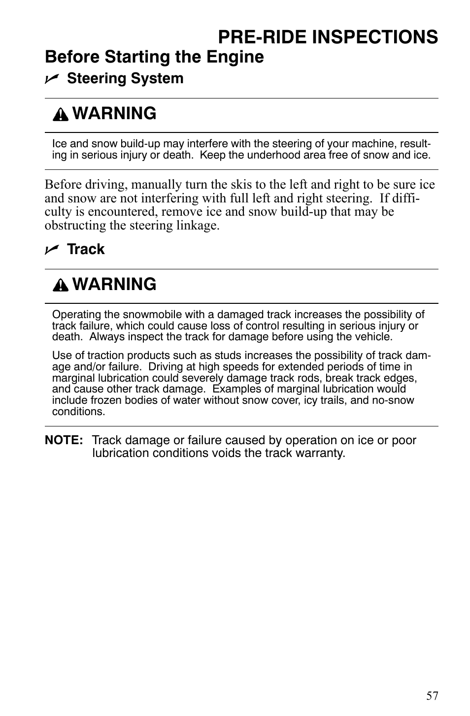 Pre-ride inspections, Before starting the engine, Warning | Polaris Indy 340 Touring User Manual | Page 60 / 159