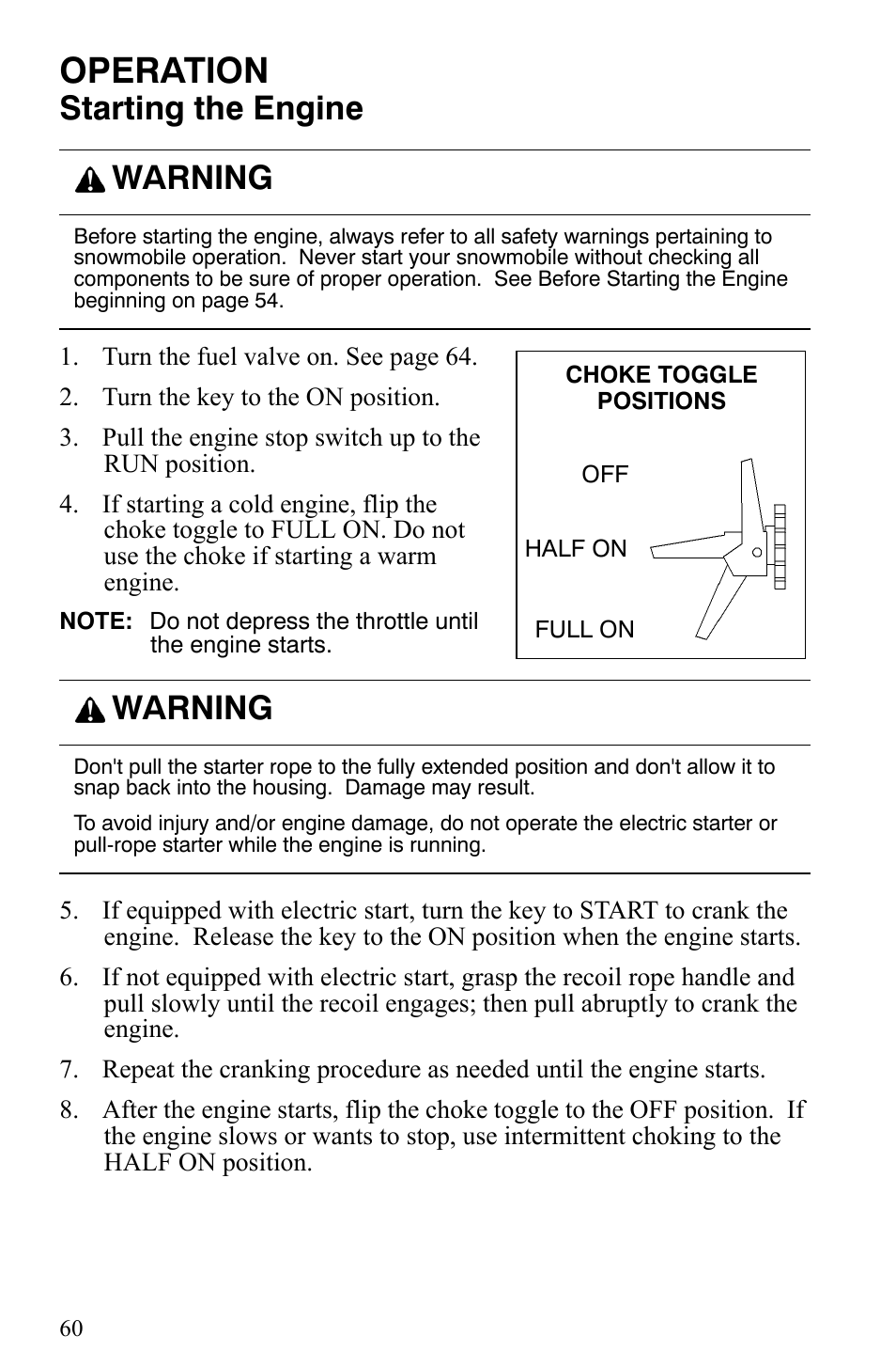 Operation, Starting the engine, Warning | Polaris Indy 340 Touring User Manual | Page 63 / 159