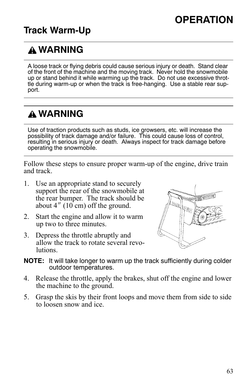 Operation, Track warm-up, Warning | Polaris Indy 340 Touring User Manual | Page 66 / 159