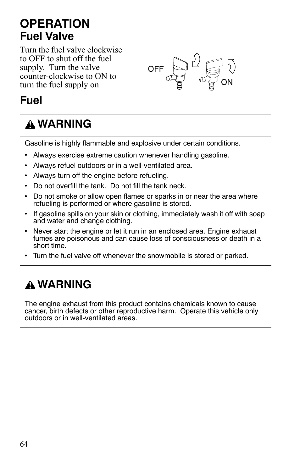 Operation, Fuel valve, Fuel warning | Warning | Polaris Indy 340 Touring User Manual | Page 67 / 159