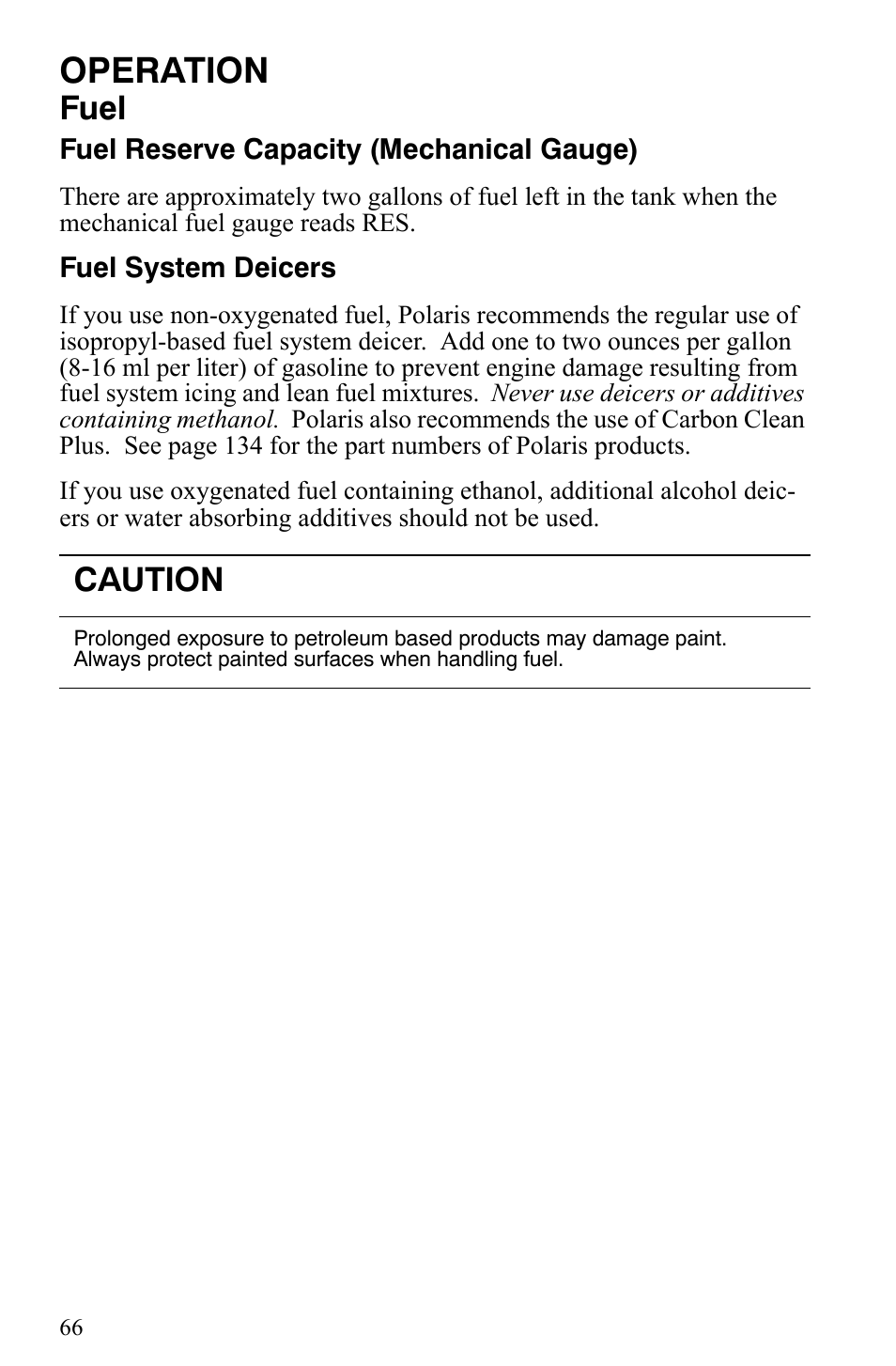 Operation, Fuel, Caution | Polaris Indy 340 Touring User Manual | Page 69 / 159