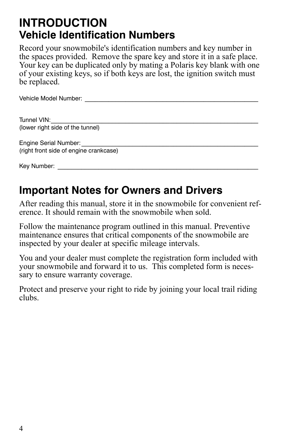 Introduction, Vehicle identification numbers | Polaris Indy 340 Touring User Manual | Page 7 / 159