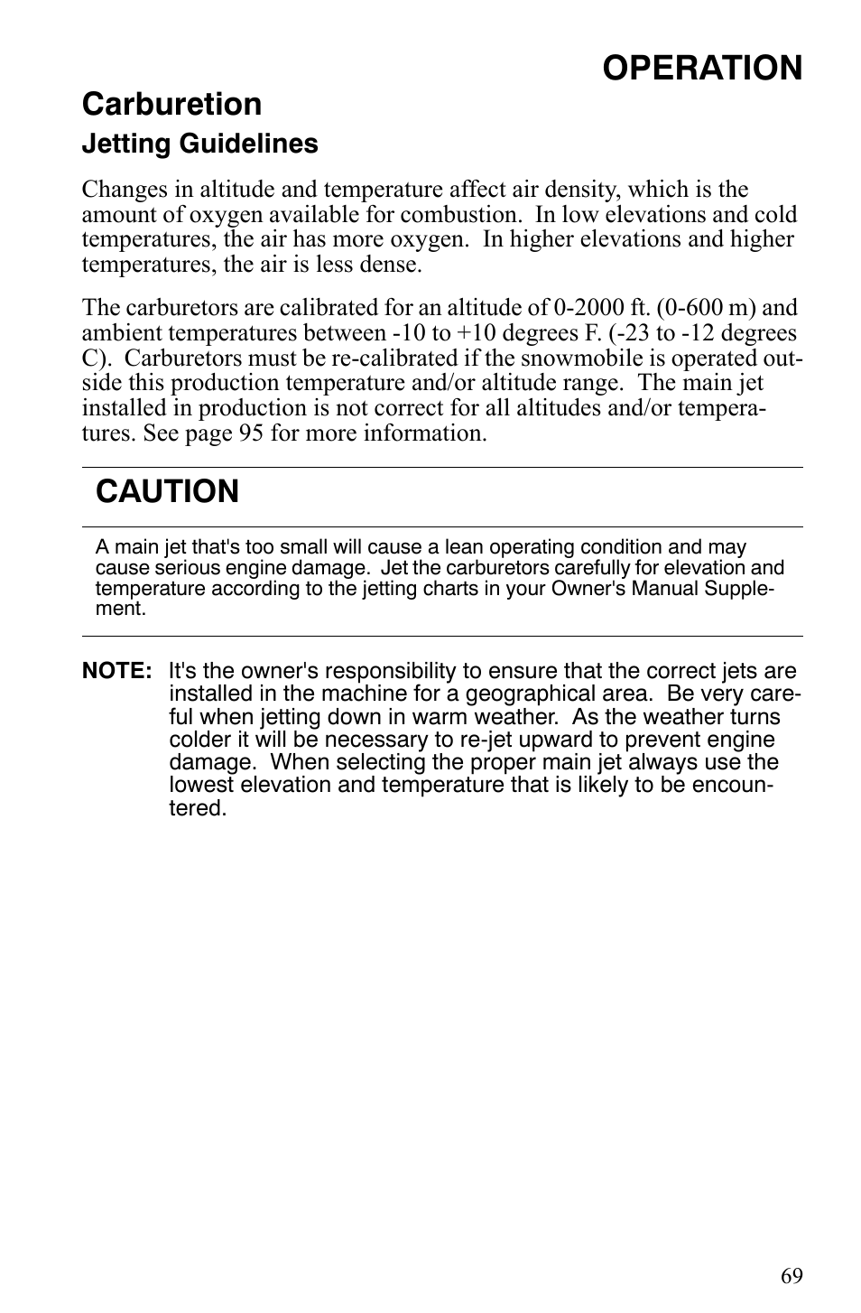 Operation, Carburetion, Caution | Polaris Indy 340 Touring User Manual | Page 72 / 159