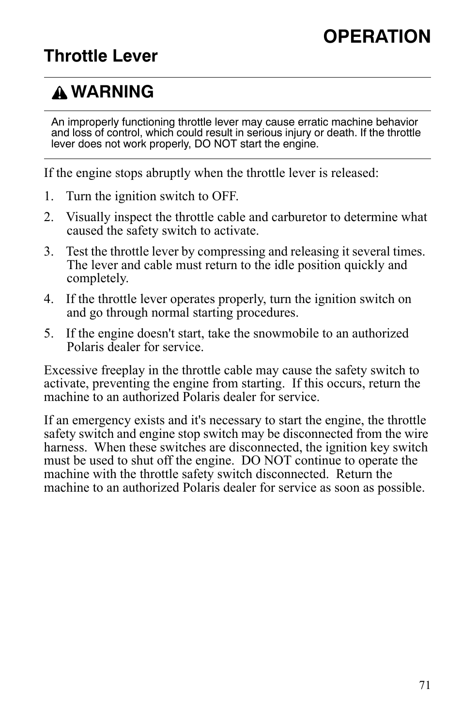 Operation, Throttle lever, Warning | Polaris Indy 340 Touring User Manual | Page 74 / 159