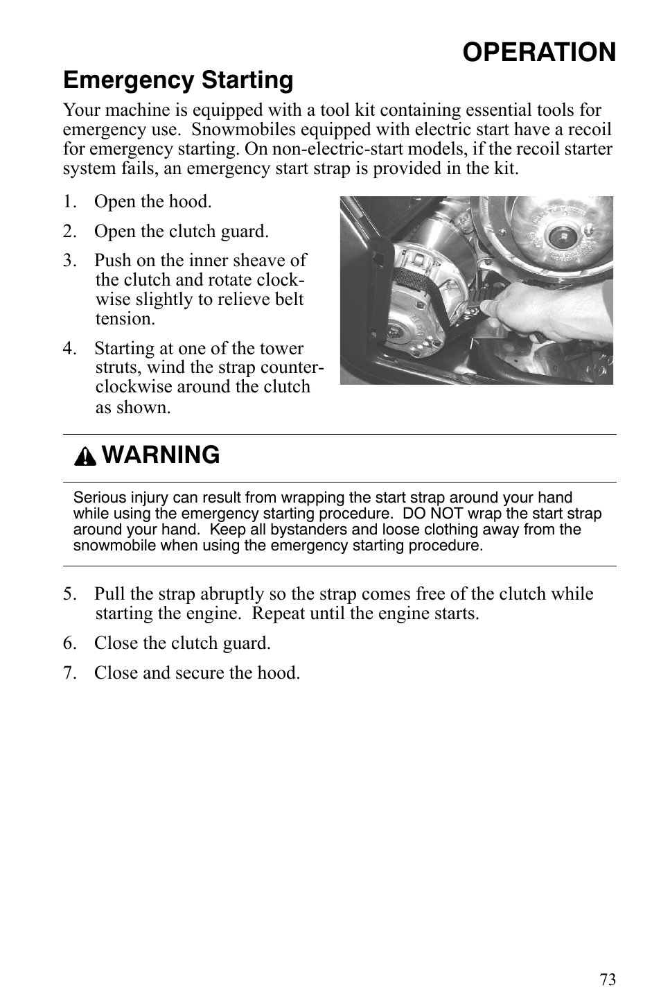 Operation, Emergency starting, Warning | Polaris Indy 340 Touring User Manual | Page 76 / 159