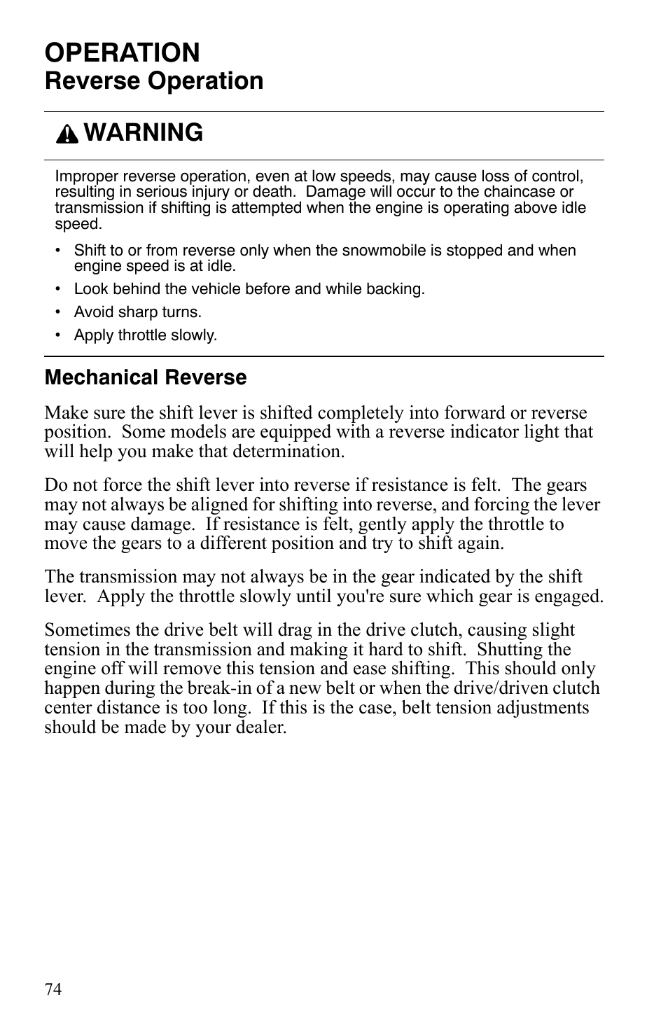 Operation, Reverse operation, Warning | Polaris Indy 340 Touring User Manual | Page 77 / 159