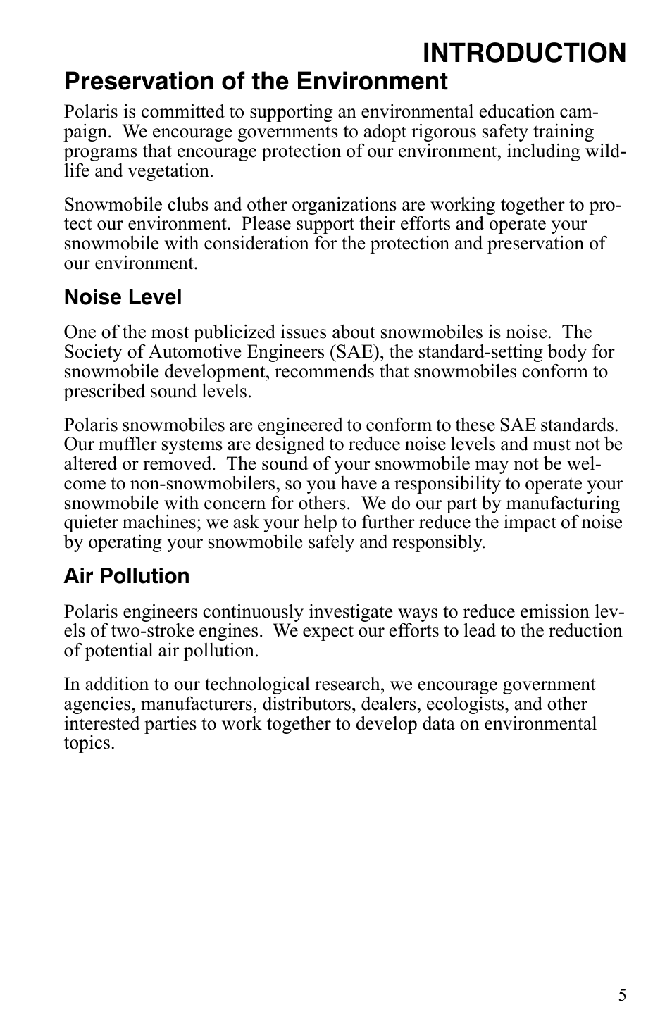 Introduction, Preservation of the environment | Polaris Indy 340 Touring User Manual | Page 8 / 159