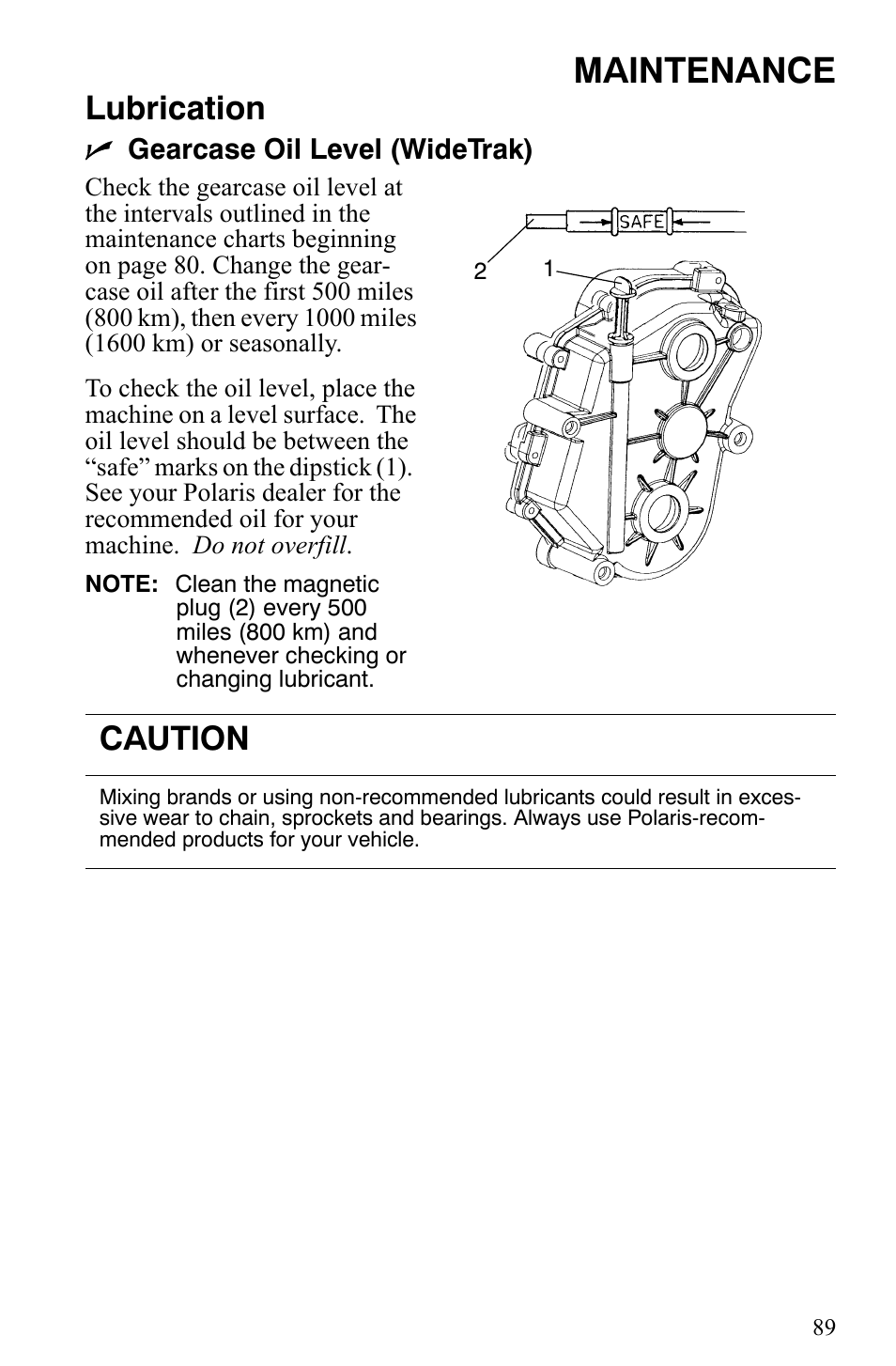 Maintenance, Lubrication, Caution | Polaris Indy 340 Touring User Manual | Page 92 / 159