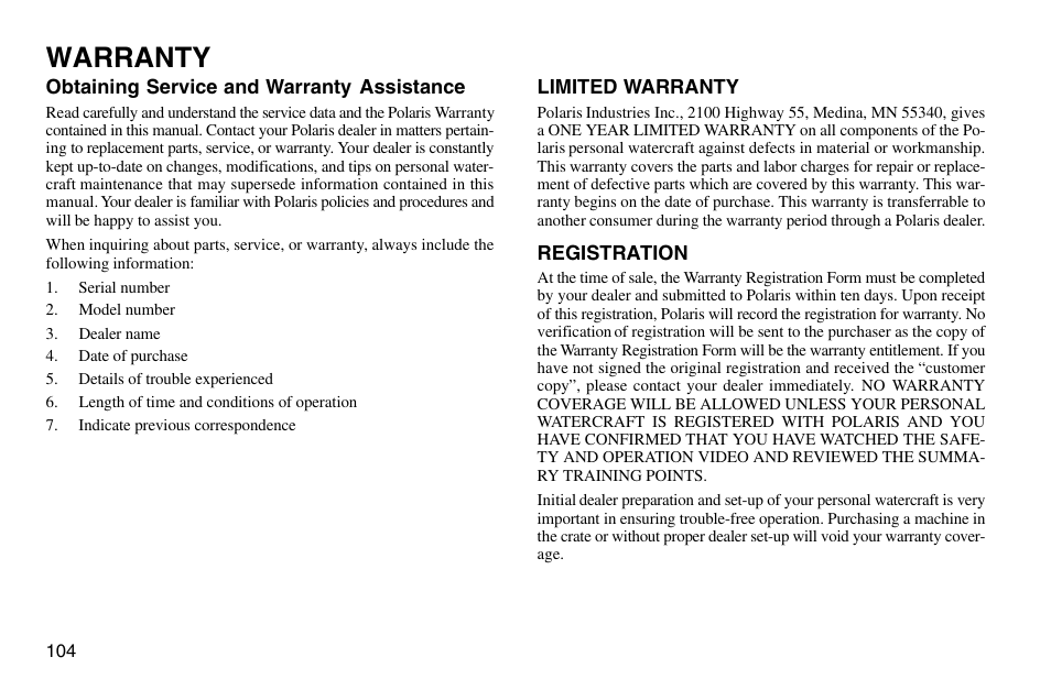 Warranty | Polaris 2003 MSX User Manual | Page 106 / 114