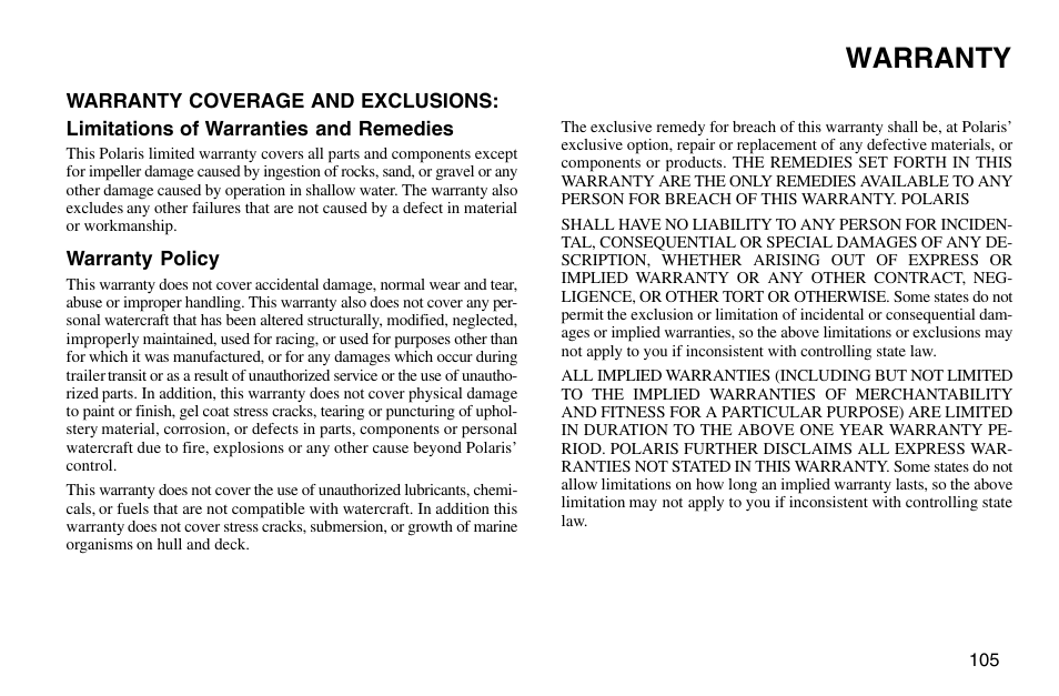 Warranty | Polaris 2003 MSX User Manual | Page 107 / 114