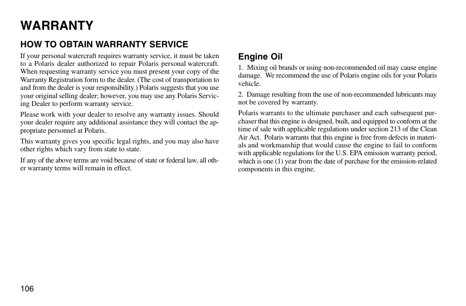 Warranty | Polaris 2003 MSX User Manual | Page 108 / 114