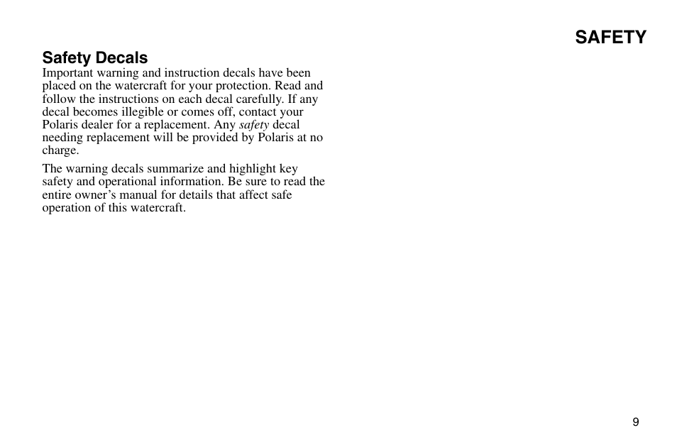 Safety | Polaris 2003 MSX User Manual | Page 11 / 114