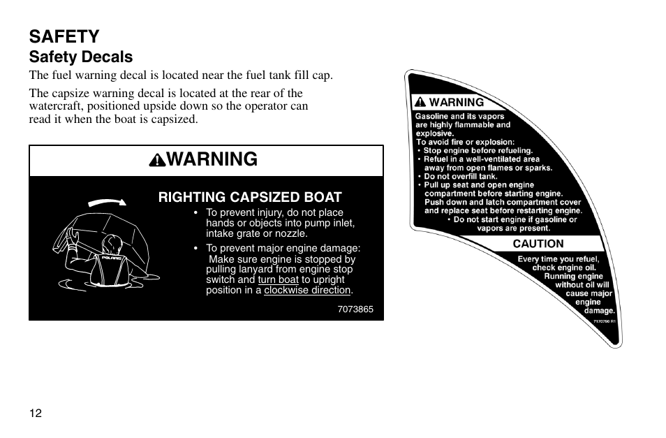 Warning, Safety, Safety decals | Polaris 2003 MSX User Manual | Page 14 / 114