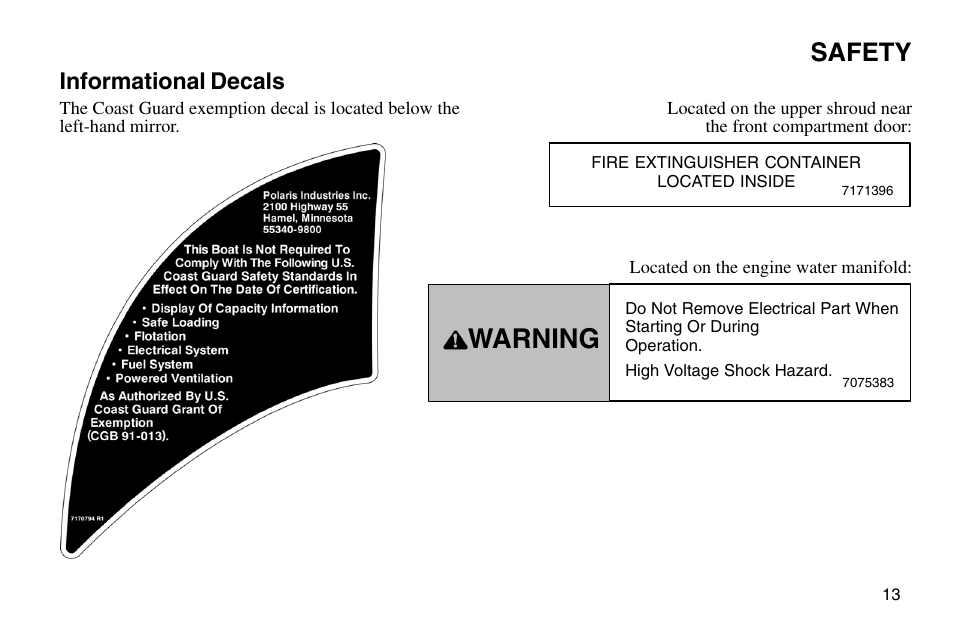 Warning, Safety, Informational decals | Polaris 2003 MSX User Manual | Page 15 / 114