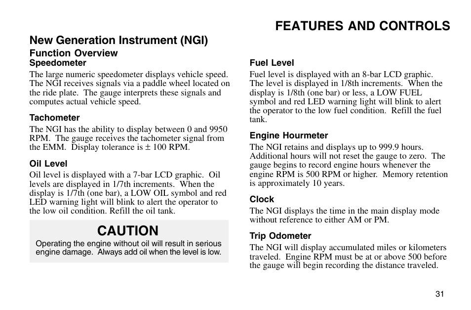 Caution, Features and controls | Polaris 2003 MSX User Manual | Page 33 / 114