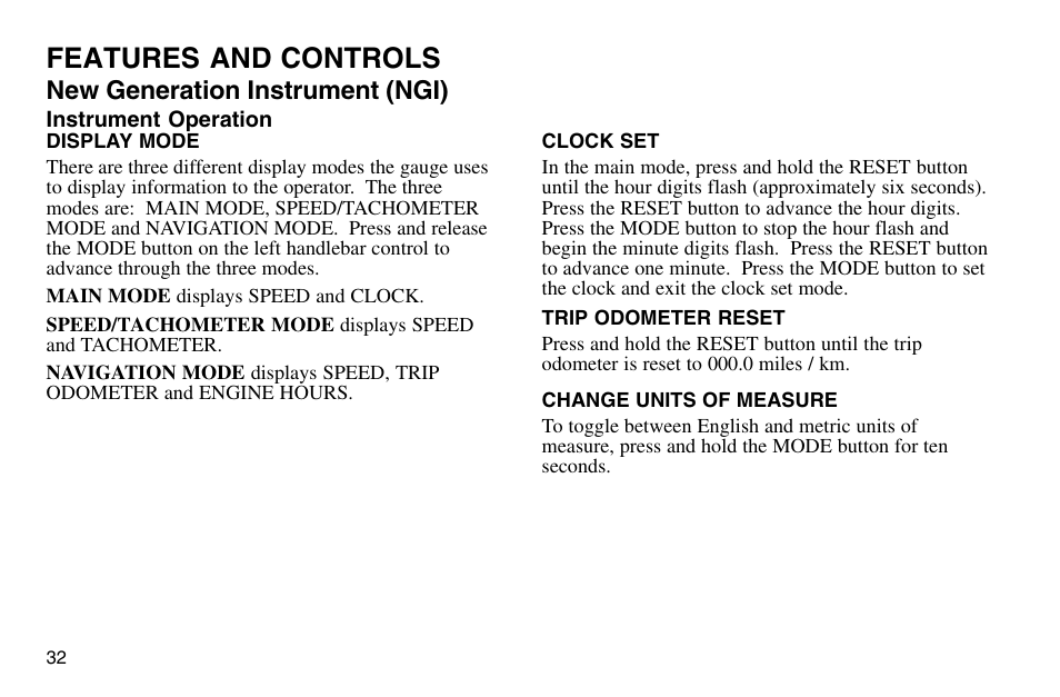 Features and controls, New generation instrument (ngi) | Polaris 2003 MSX User Manual | Page 34 / 114